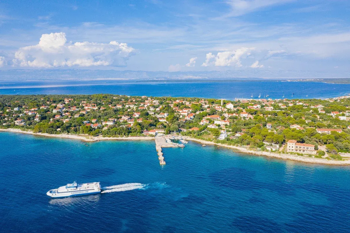 Catamaran cruising past a green island in the Adriatic with a yacht astern, the format of the Korcula three island catamaran tour