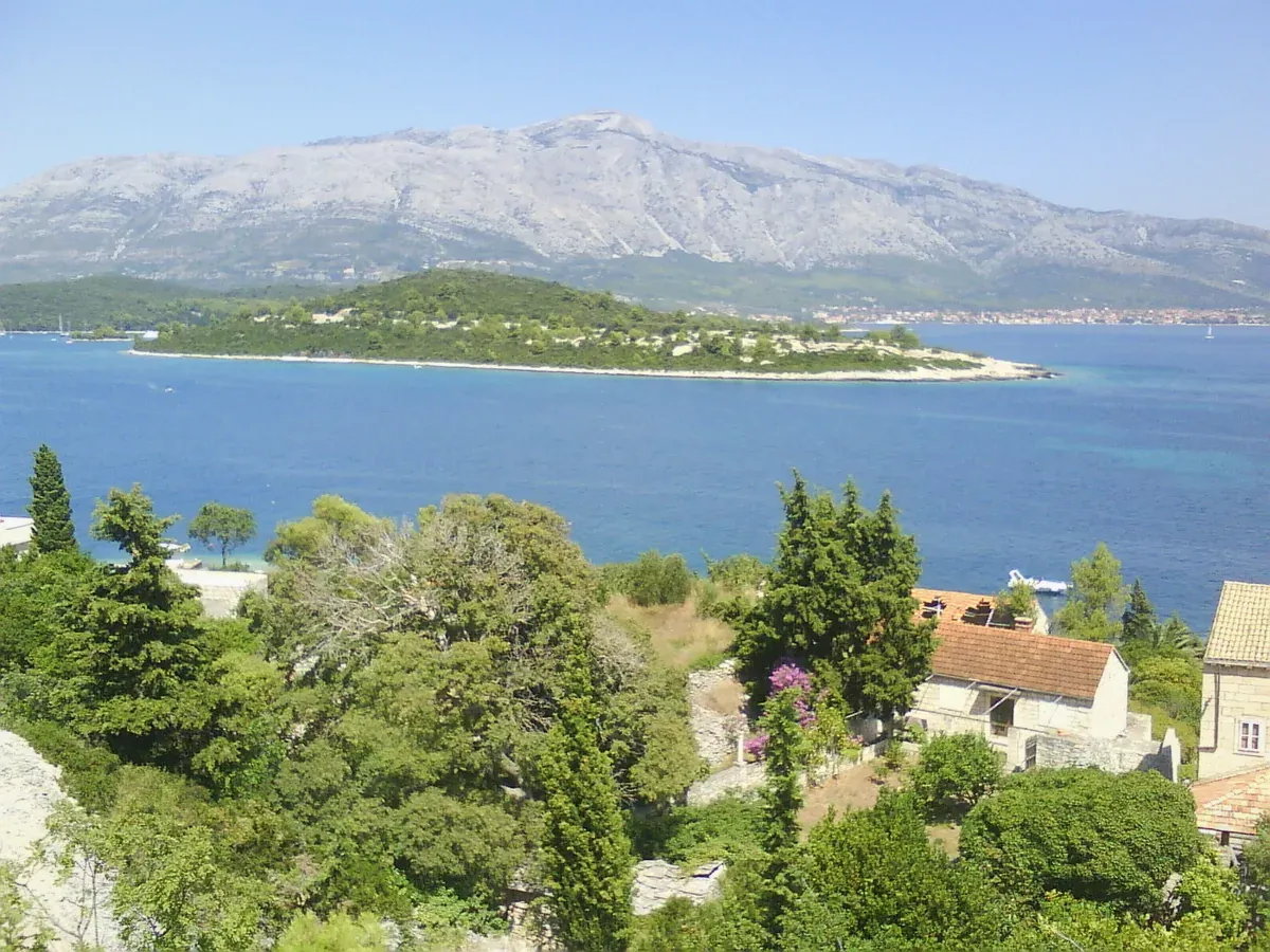 View over a green Adriatic island and the Peljesac channel from Vrnik near Korcula in Croatia
