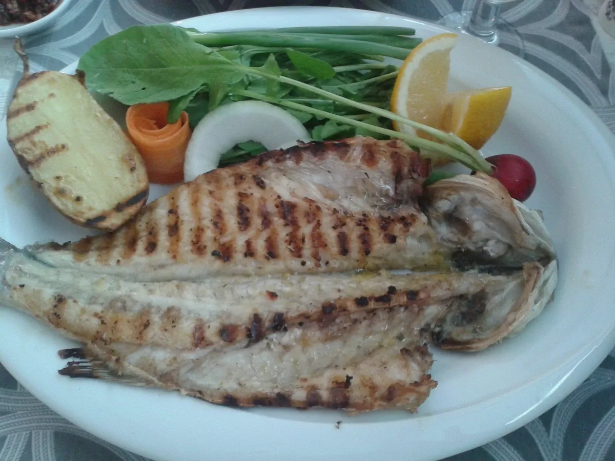 Grilled seabass with lemon and vegetables on a plate, the dish grilled on board on the Fish and Fun Korcula boat tour